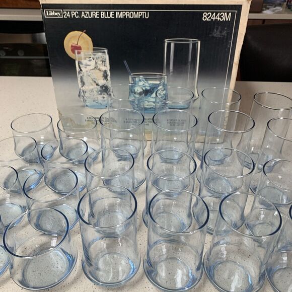 Vintage Libbey Azure Blue Impromptu 24 Piece Glasses New Condition in Open Box - Picture 2 of 6